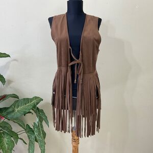 Women’s S Vest tie front Brown Faux Suede Fringe Rodeo Western Boho Yellowstone